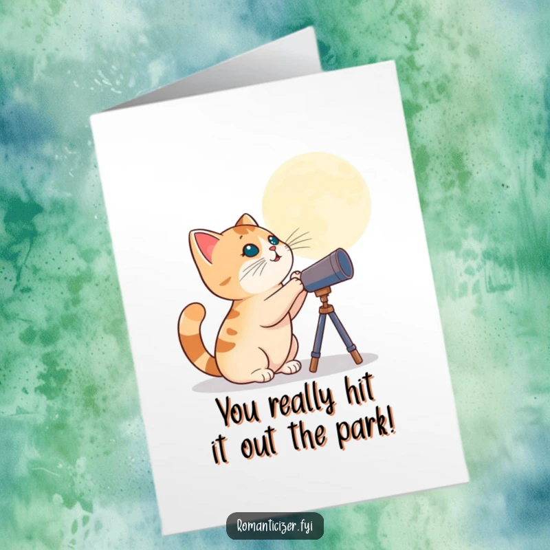 Funny Free Printable Congratulations Card: A playful cat uses a tiny telescope to spot success, perfect for celebrating achievements.