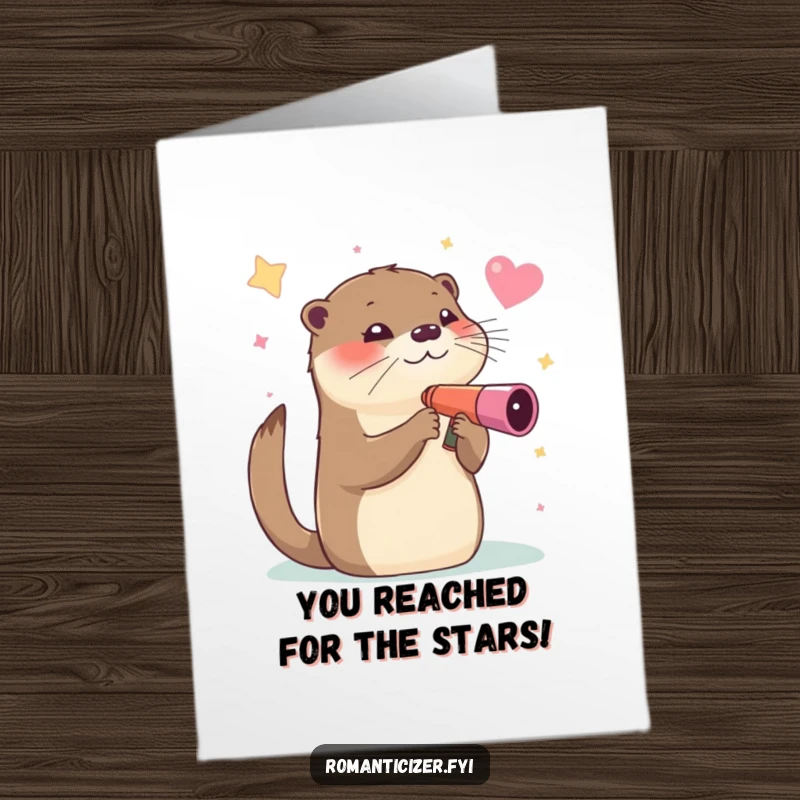 Free Printable Congratulations Card: A winking otter peering through a heart-shaped telescope at the starry night sky.