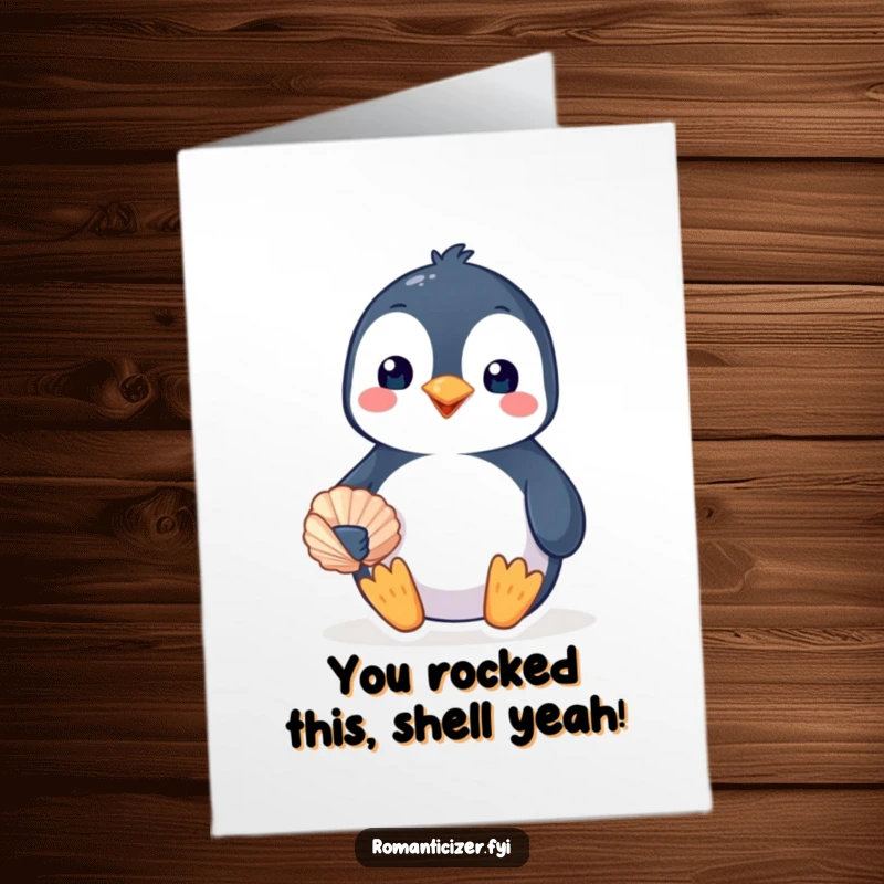 Funny Free Printable Congratulations Card: A smiling penguin presents a seashell, symbolizing a precious achievement.