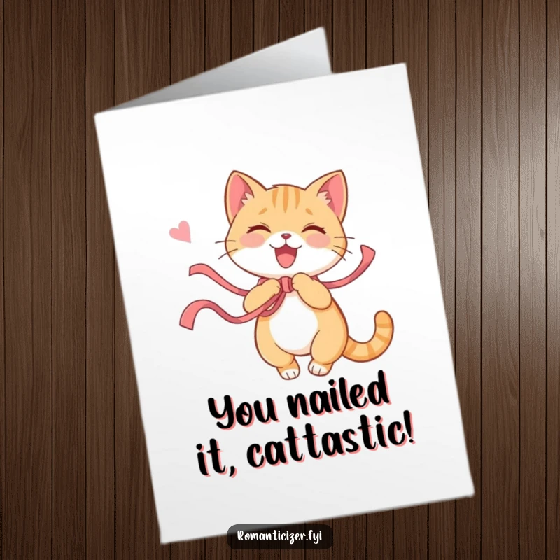 Funny Free Printable Congratulations Card: A cat happily twirling with a ribbon, celebrating an accomplishment with playful energy.