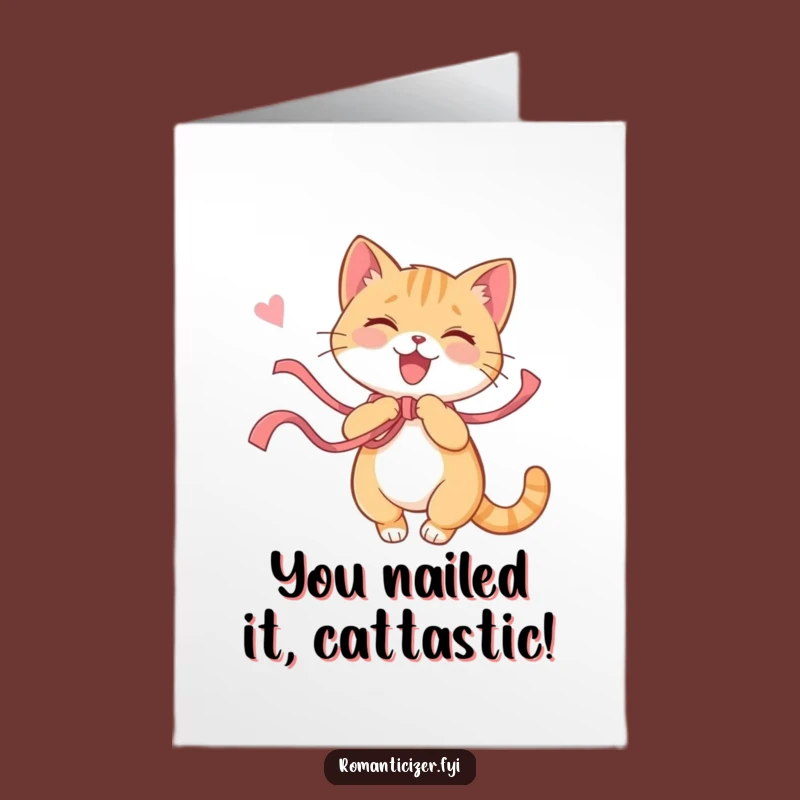 Free Printable Congrats Card: Playful Cat Ribbon, Celebrate Wins with Downloadable Whimsy
