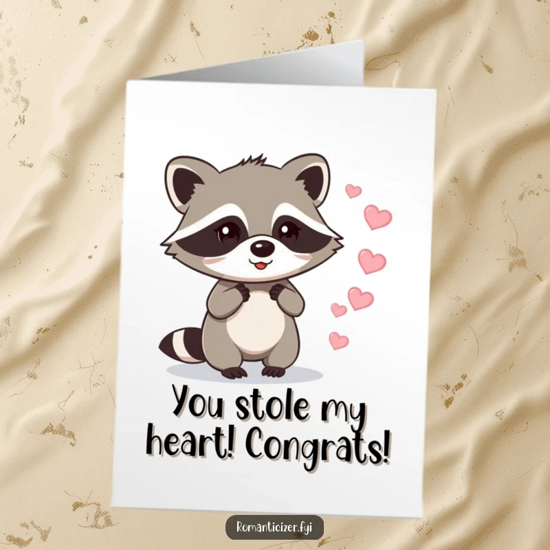 Free Printable Congratulations Card: Raccoon sprinkling a trail of sparkling hearts, symbolizing love and congratulations.