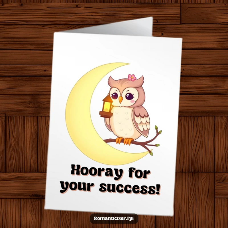 Printable Congratulations Card: A romantic owl on a moon holds a lantern, celebrating success.