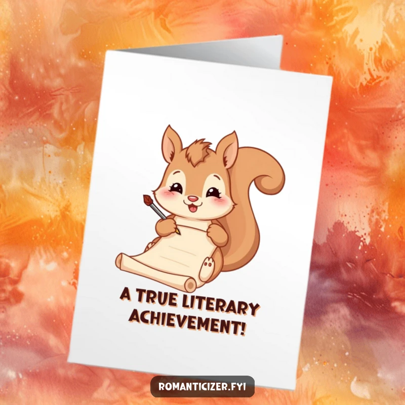 Free Printable Congratulations Card: A smiling squirrel crafting poetry on a scroll with a quill, celebrating achievements.