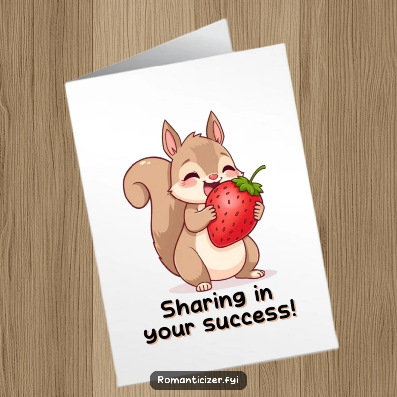 Funny free printable congratulations card: a delighted squirrel offers half of a giant strawberry as a gesture of shared success.