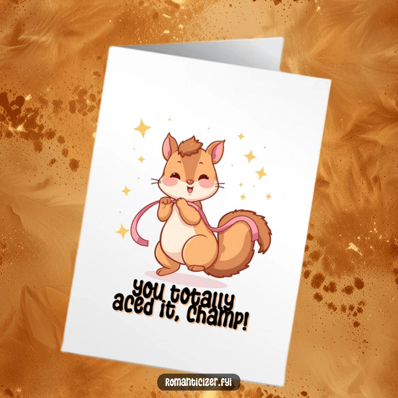 Funny Free Printable Congratulations Card: A playful squirrel twirls with a ribbon under sparkling stars, marking a brilliant success.