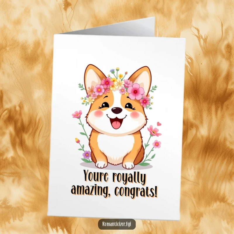 Funny Free Printable Congratulations Card: A happy corgi wears a crown of wildflowers, celebrating success with a sweet smile. Downloadable cheer.