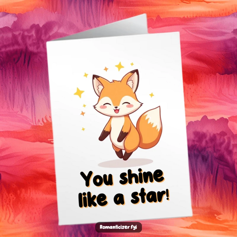 Funny Free Printable Congratulations Card: A fox twirls joyfully under a sparkling halo of stars.
