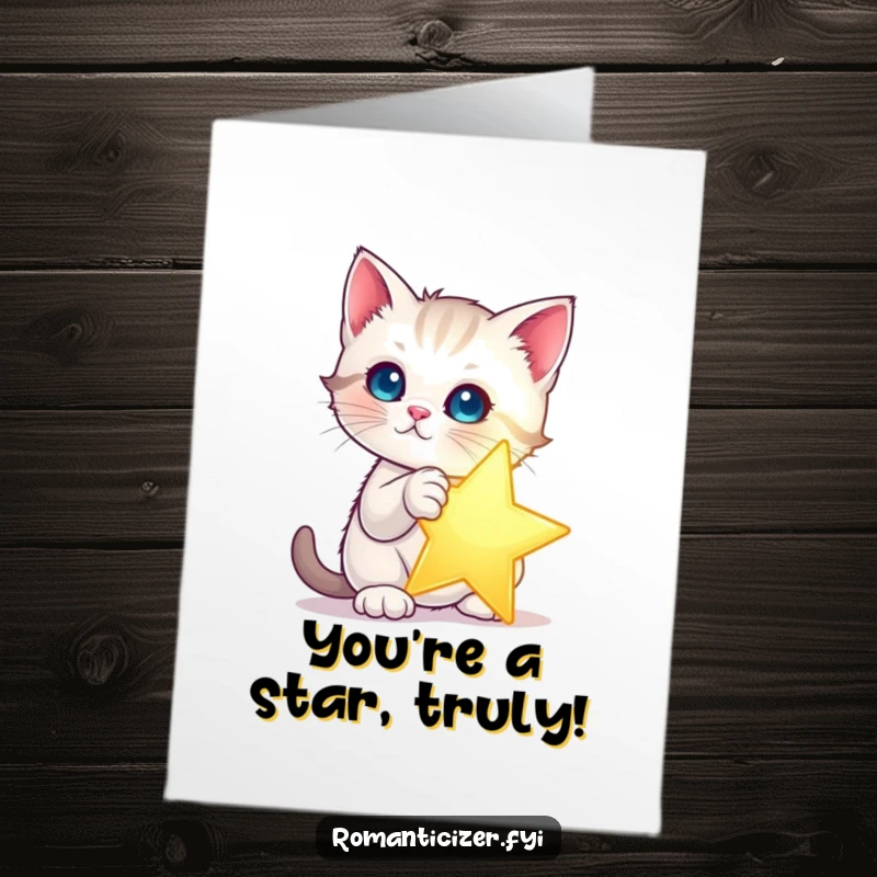 Funny Free Printable Congratulations Card: A kitten dramatically poses with a single glowing star, celebrating achievement.