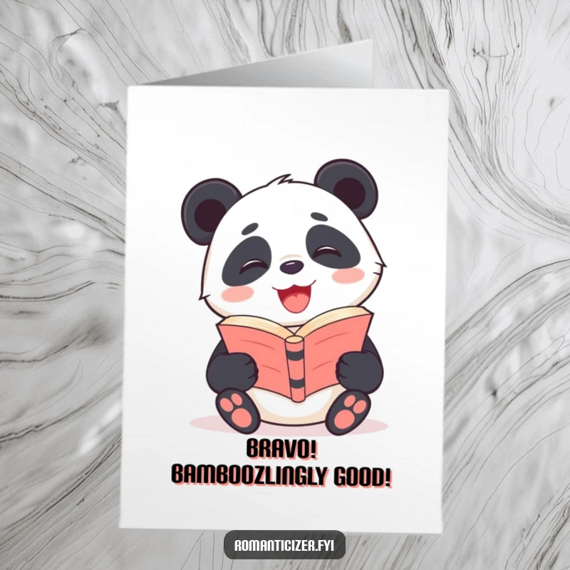 Free Printable Congratulations Card: A giggling panda reads a poetry book with a radiant smile, celebrating your success with literary flair.