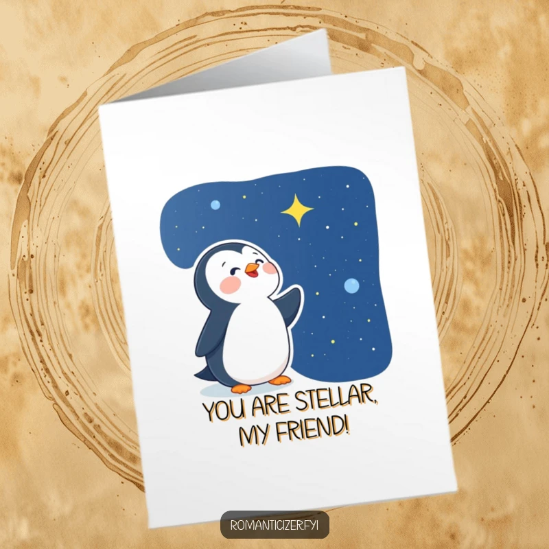 Funny Free Printable Penguin Congratulations Card: A penguin marvels at the vast, star-filled night. A downloadable gift for achievers.