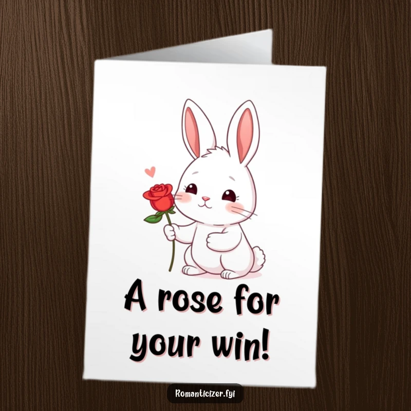 Funny Free Printable Congratulations Card: Shy rabbit with a blush, offering a single red rose, looking hopeful.