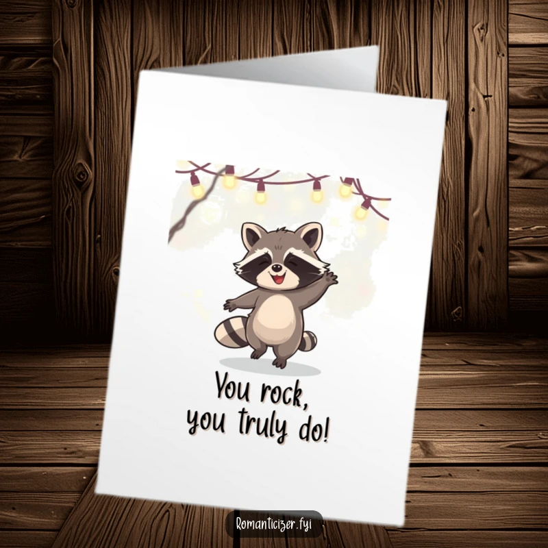 Funny Free Printable Congratulations Card: A happy raccoon dances beneath glowing fairy lights, celebrating a wonderful achievement. Instant download for joy.