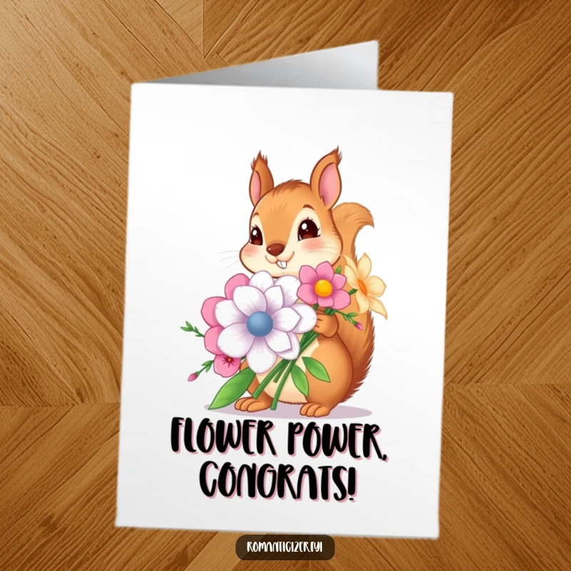 Funny Free Printable Congratulations Card: A squirrel presents massive flowers, celebrating success with a humorous, downloadable touch.