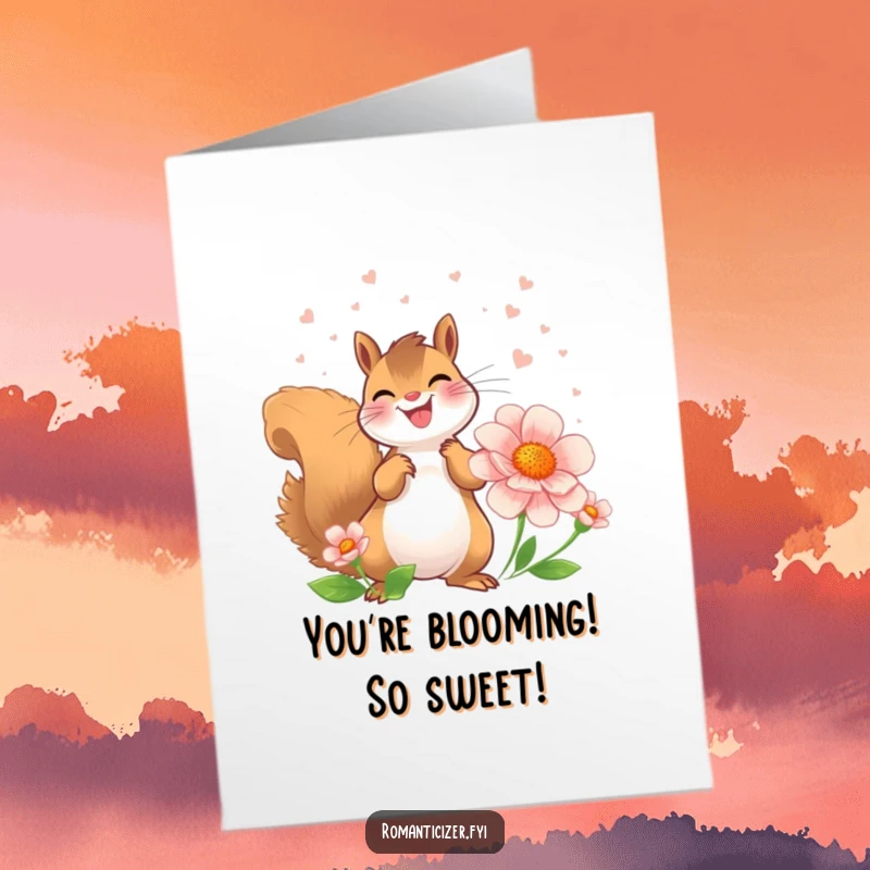 Free Printable Congratulations Card: A joyful squirrel showers a flower with sweet-smelling perfume, celebrating your wonderful accomplishments.