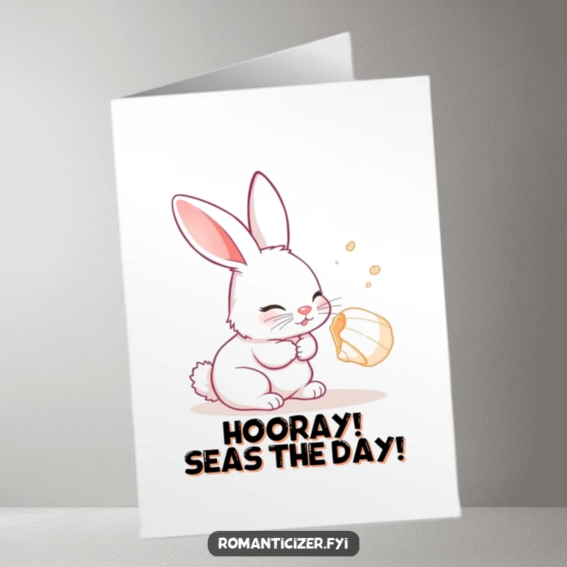 Free Printable Congratulations Card: A curious rabbit listens intently to a whispering seashell, delighting in the oceanic tale.