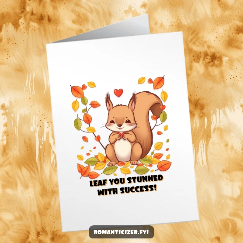 Funny Free Printable Congratulations Card: A cute squirrel creates a heart shape from fallen leaves, perfect for any celebration.