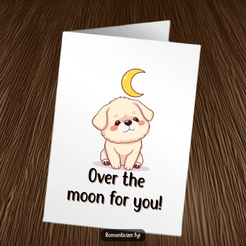 Funny Free Printable Congratulations Card: A fluffy dog gazes adoringly at a crescent moon, celebrating a dream come true.
