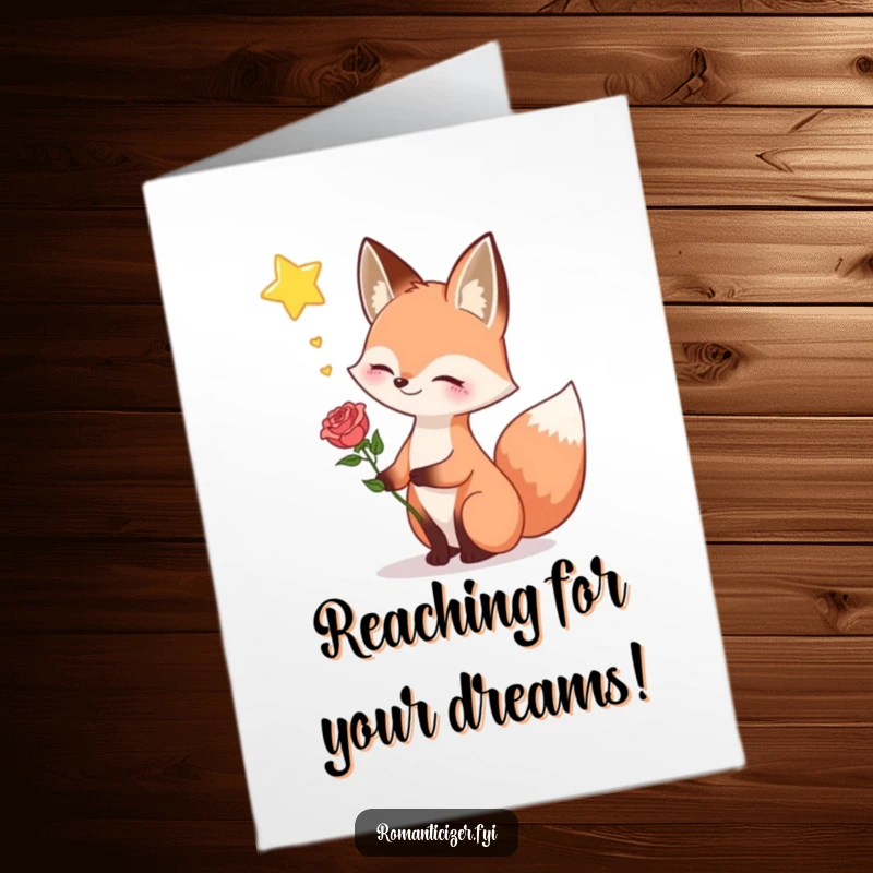Funny Free Printable Congratulations Card: Happy fox with a rose, dreaming of success under a star.