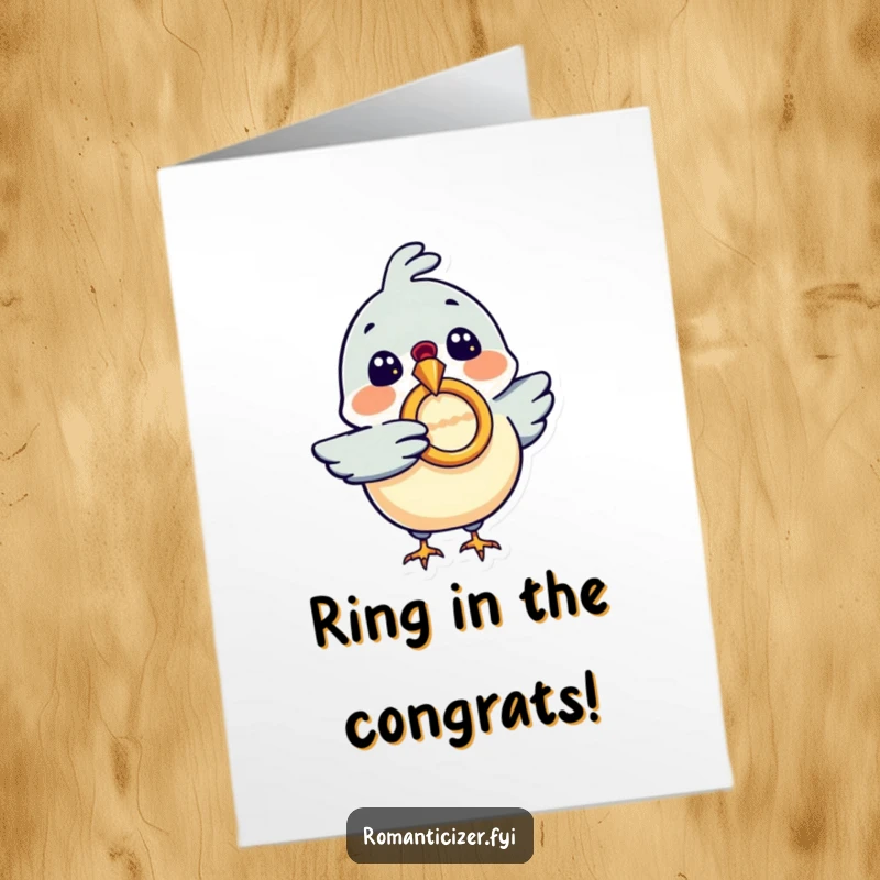Funny Free Printable Congratulations Card: A joyful bird carries a ring, signaling exciting news and congratulations, easily printable and downloadable.