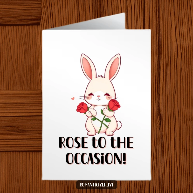 Funny Free Printable Congratulations Card: A cute bunny holding a single red rose, looking dreamy and in love.