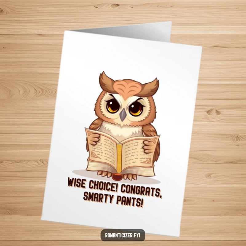 Free Printable Congratulations Card: Wise owl engrossed in reading poetry from an ornate ancient book, celebrating.