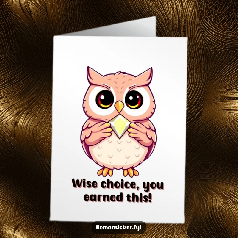 Funny Free Printable Congratulations Card: A happy owl proudly presents a perfectly crafted jewel, celebrating a magnificent achievement.