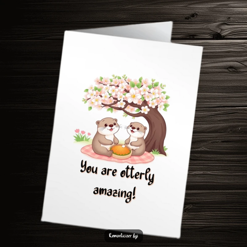 Funny Free Printable Otter Congratulations Card: A cheerful otter shares a picnic. A perfect downloadable gift for celebrations.