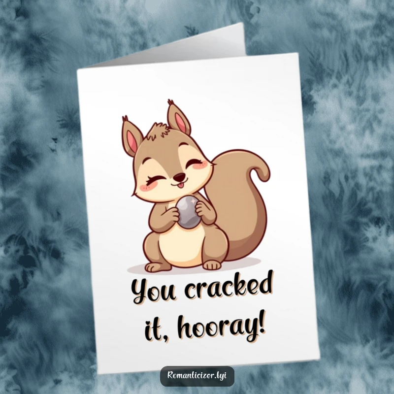 Funny free printable congratulations card featuring a mischievous squirrel winking and presenting a shiny pebble, a unique way to say well done.