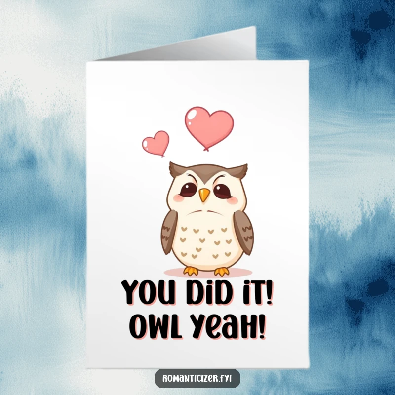 Funny Free Printable Congratulations Card: A happy owl observes two hearts ascending, conveying heartfelt congratulations.