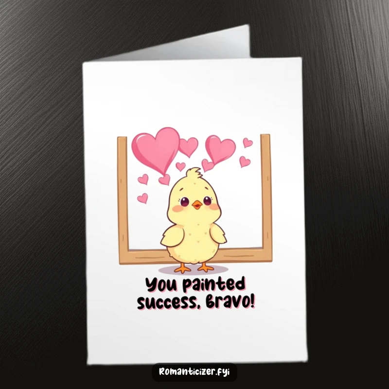 Funny Free Printable Congratulations Card: A cheerful chick gazes lovingly at a heart painting, ideal for celebrating achievements.