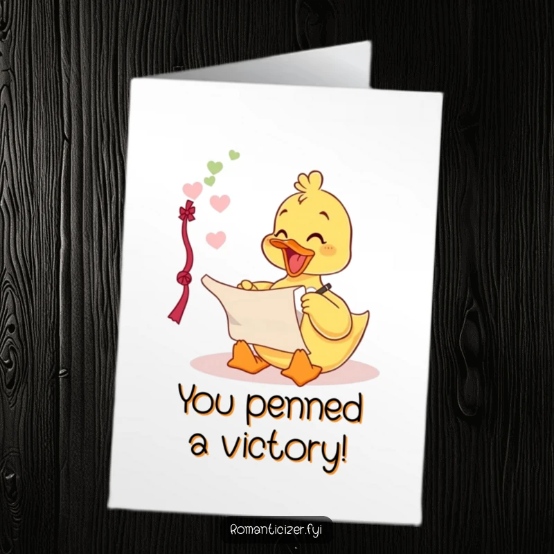 Funny Free Printable Congratulations Card: A delighted duckling writing a love poem on a scroll, celebrating romance.