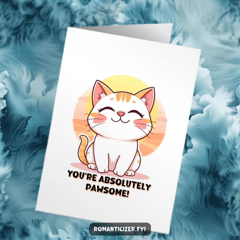 Funny Free Printable Congratulations Card: A whimsical cat gazes at a beautiful sunset, smiling with contentment.