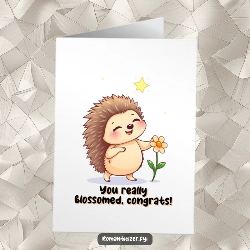 Funny Free Printable Congratulations Card: Hedgehog dancing with a flower beneath starry skies, symbolizing joyful success and magic.