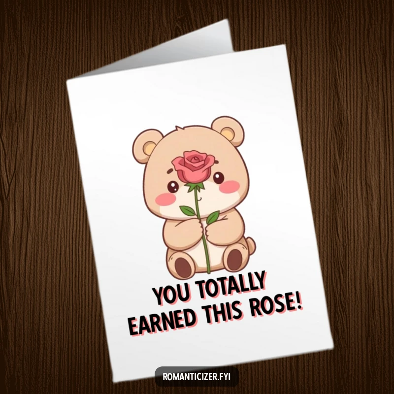Funny Free Printable Congratulations Card with a small bear offering a rose, conveying sweet, hopeful sentiment.