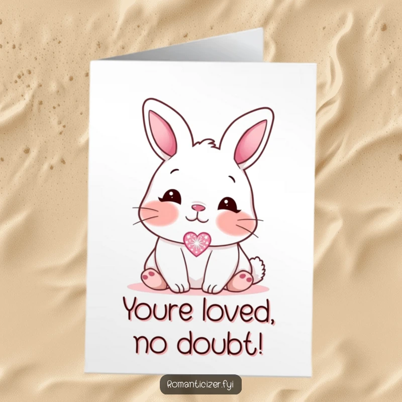 Funny Free Printable Congratulations Card: Blushing bunny looking affectionately at a sparkling heart icon, celebrating love.