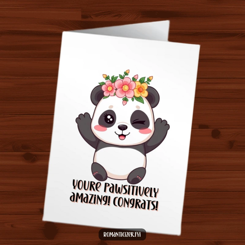 Funny Free Printable Congratulations Card: A playful panda dons a flower crown and gives a coy wink.