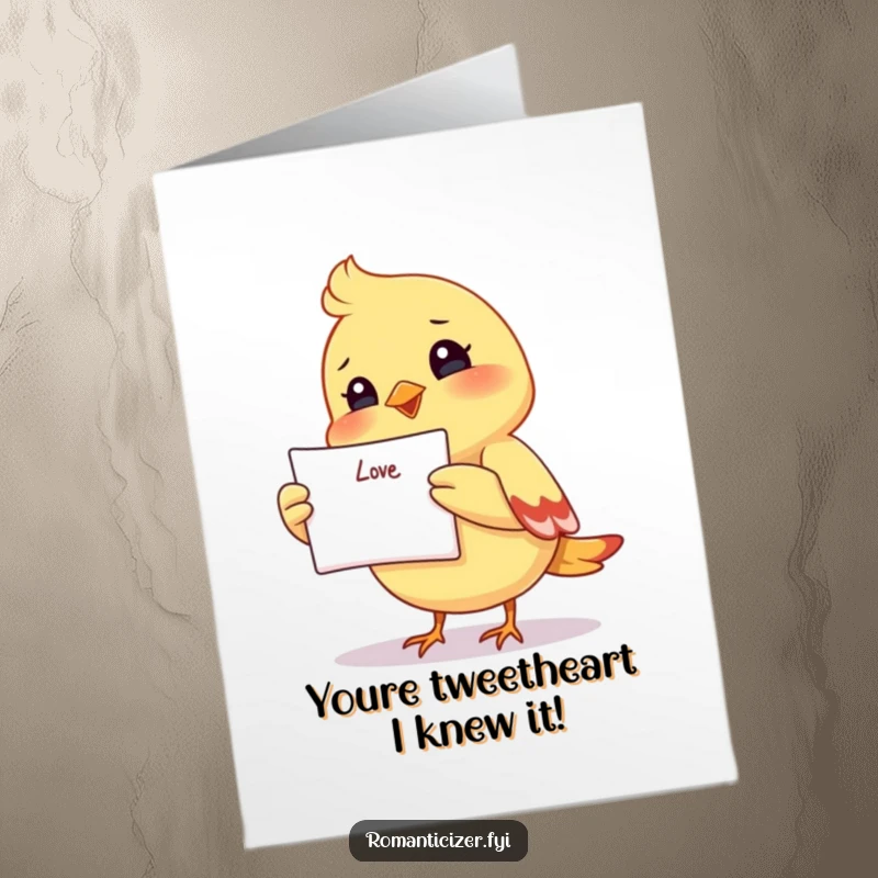 Funny free printable congrats card: A smiling bird holds a love letter aloft, symbolizing good news and joy.