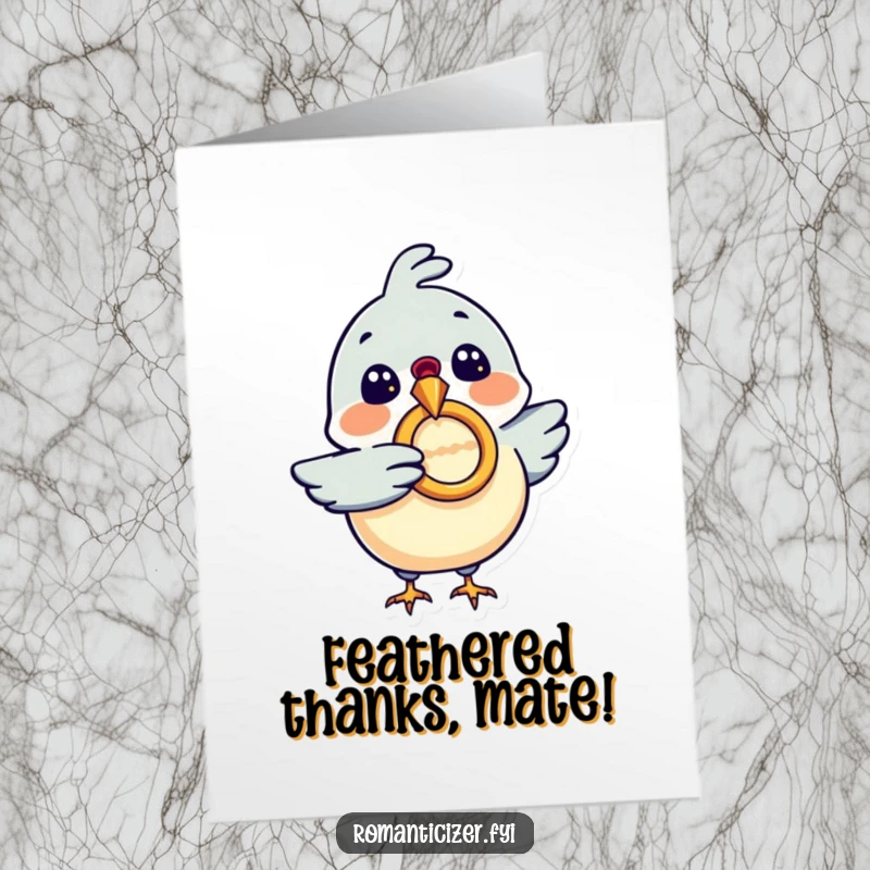 Funny Free Printable Thank You Card: A happy bird holds a ring, a quirky way to express thanks, downloadable and print at home.