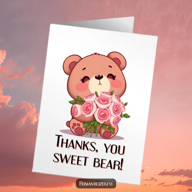 Funny Free Printable Thank You Card: A cute bear holds a bouquet of roses gazing.