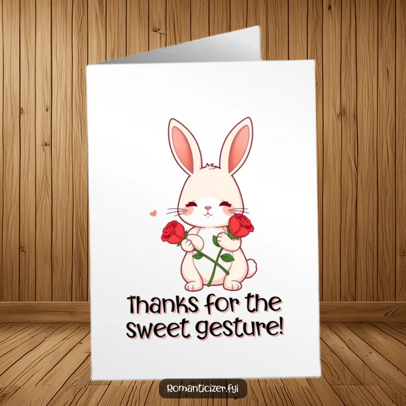 Funny Free Printable Thank You Card: A cute bunny holding a single red rose, looking dreamily, saying thank you.
