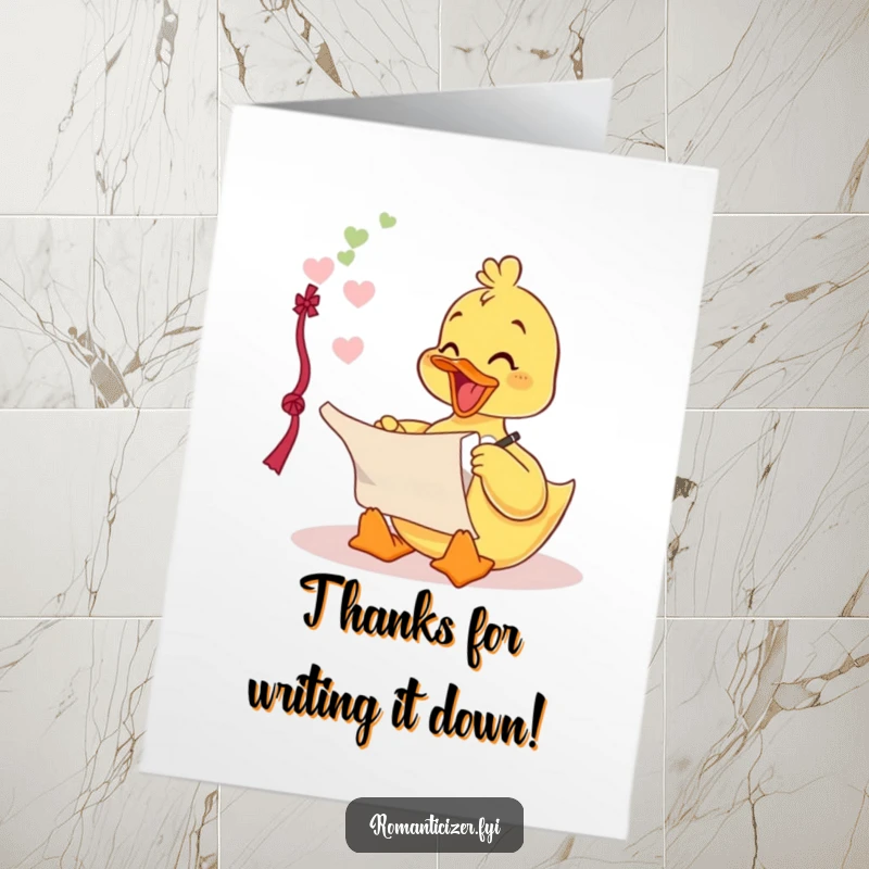Funny Free Printable Thank You Card: A delighted duckling writing a love poem on a scroll, expressing thanks.