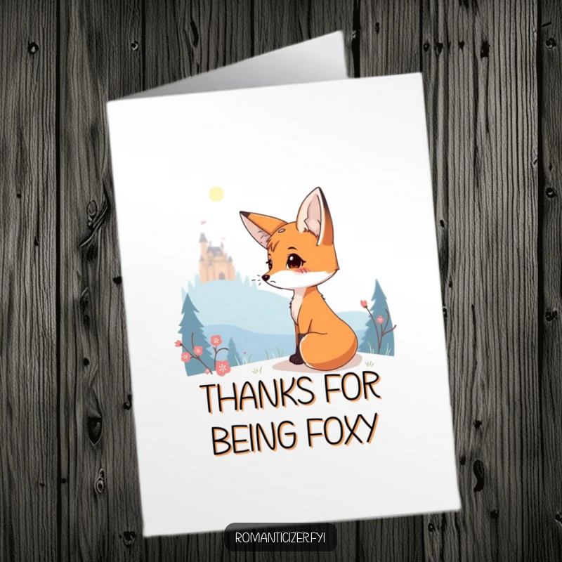 Funny Free Printable Thank You Card depicting a fox gazing wistfully at a glowing castle with a sigh.