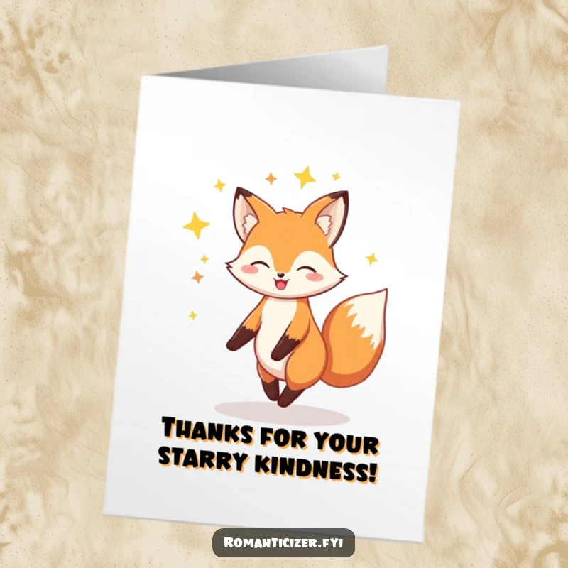 Funny Free Printable Thank You Card: A cheerful fox twirls with a sparkling halo of stars.