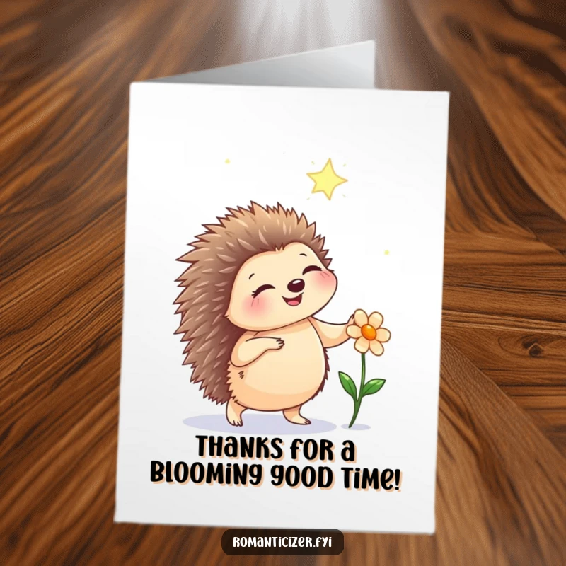 Funny Free Printable Thank You Card: Happy hedgehog dancing under starry skies with a flower, conveying thanks with magic.