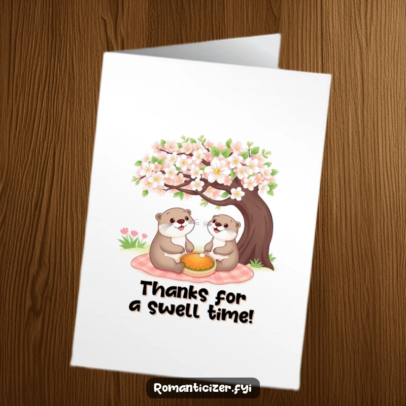 Funny Free Printable Otter Thank You Card: A happy otter shares a picnic under a tree. A charming downloadable gift.