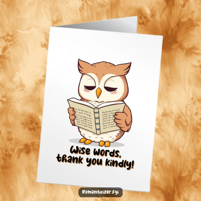 Funny Free Printable Thank You Card: Whimsical owl reading sonnets aloud, perfect for expressing thanks elegantly and humorously.