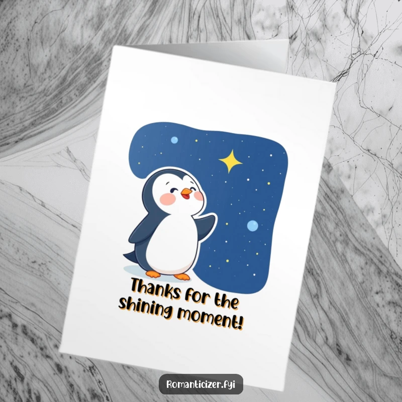 Funny Free Printable Penguin Thank You Card: A happy penguin adores the starry night. A charming downloadable gift.