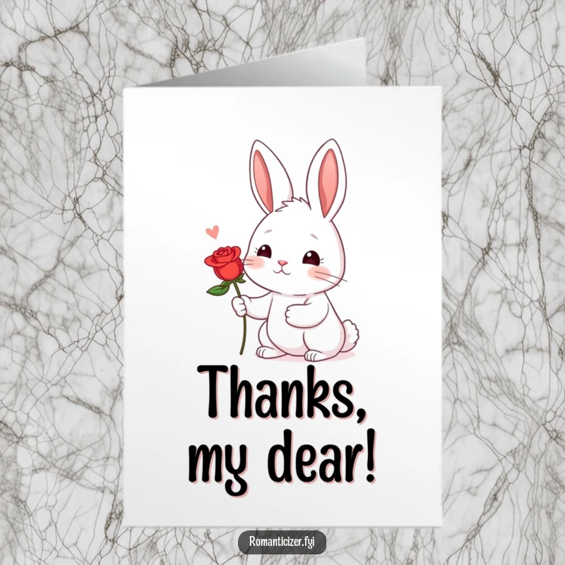 Funny Free Printable Thank You Card: Shy rabbit blushing, offering a single red rose with a hopeful expression.