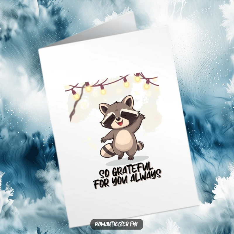 Funny Free Printable Thank You Card: A happy raccoon dances under fairy lights, conveying heartfelt thanks. A joyful, downloadable gesture.